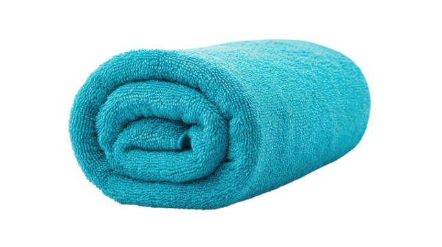 A soft, rolled turquoise towel perfect for bathroom or beach use
