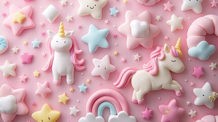 Two Unicorns with Pink Hair and Stars on a Pink Background
