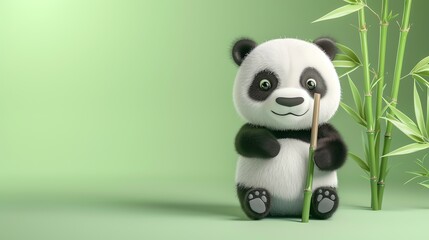 A cute cartoon panda bear holding a bamboo stick, with bamboo plants behind it.