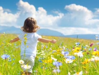 Fototapeta premium A child joyfully explores a vibrant wildflower meadow under a sunny blue sky