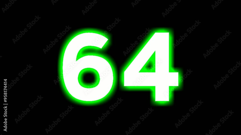 Poster neon number 64 sixty four sign symbol modern animation motion graphics flicking on black background,