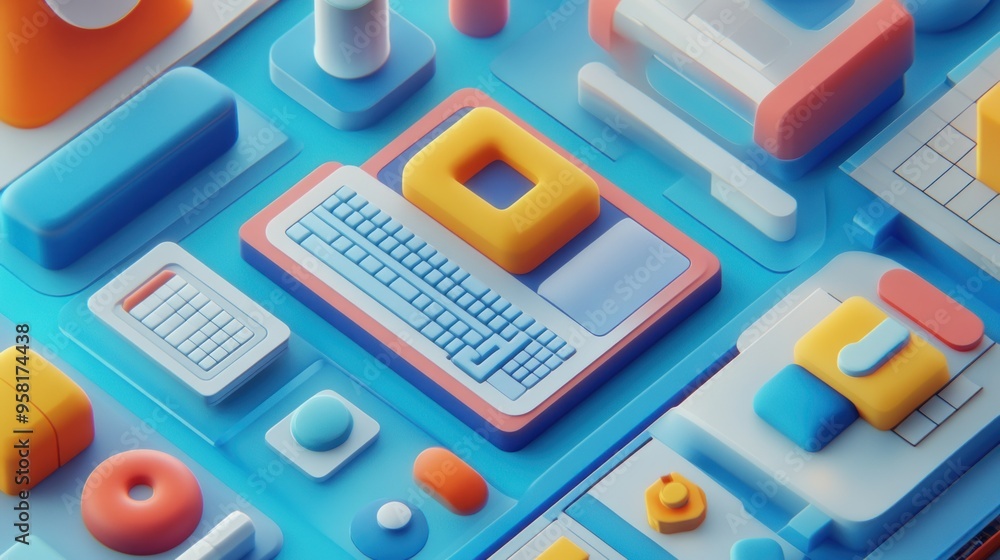 Poster Abstract 3D Illustration of a Keyboard and Various Geometric Shapes