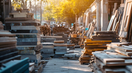 urban mining zero waste, sorted piles of construction materials windows wood bricks steel concrete, sustainable material recycling, reuse architecture, city sustainability, life cycle