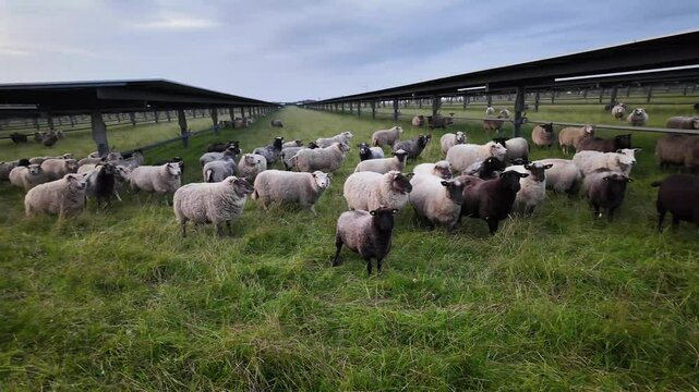 Flock of sheep standing and walking in a field of solar panels with solar trackers and a windmill in the distance. Agrivoltaics concept where the land is shared between solar parks and sheep grazing.