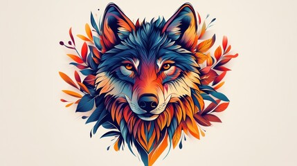 A vibrant, stylized wolf's head surrounded by colorful foliage, featuring bold colors and intricate details, creating a striking and artistic design