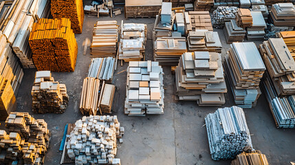 urban mining zero waste, sorted piles of construction materials windows wood bricks steel concrete, sustainable material recycling, reuse architecture, city sustainability, life cycle