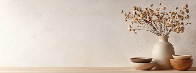  A white vase atop a wooden table, nearby are two bowls and a vase brimming with dried flowers