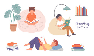 Children reading books in a cozy home interior.Vector flat illustration.Boys and a girl reading books sitting in a chair, on a sofa, lying down.Stacks of books and a bookshelf.