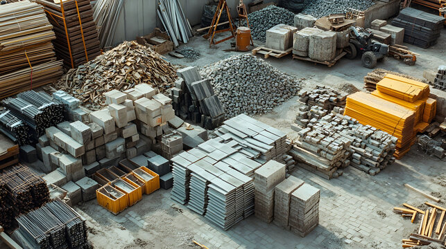 urban mining zero waste, sorted piles of construction materials windows wood bricks steel concrete, sustainable material recycling, reuse architecture, city sustainability, life cycle