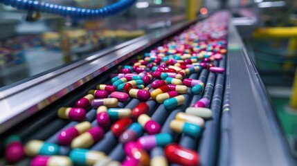 Photo of a pills production line in action with colorful and various capsule medicines on the conveyor belt, taken from a high angle shot with natural light and cinematic lighting
