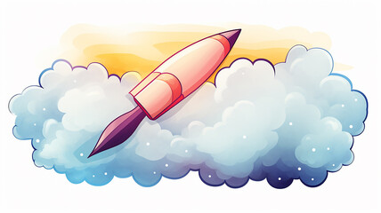 Rocket flies in multicolored clouds, watercolor background postcard
