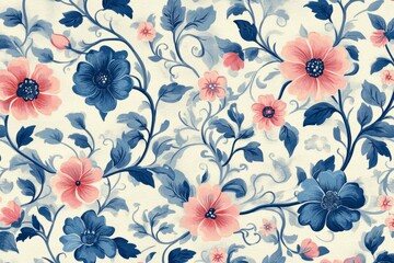 A decorative floral pattern featuring blue and pink flowers intertwined with leaves on a light background, creating an elegant and vibrant design