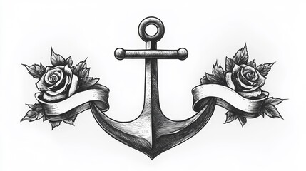 A detailed black and white illustration of an anchor surrounded by roses and a ribbon, symbolizing strength and beauty intertwined