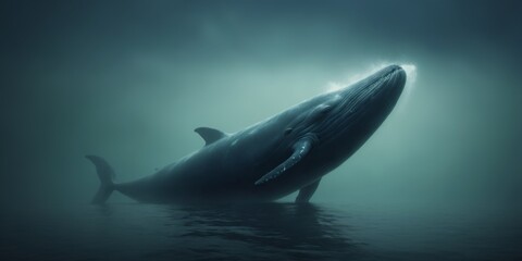 Fototapeta premium Majestic blue whale diving into the dark ocean with a curious fi