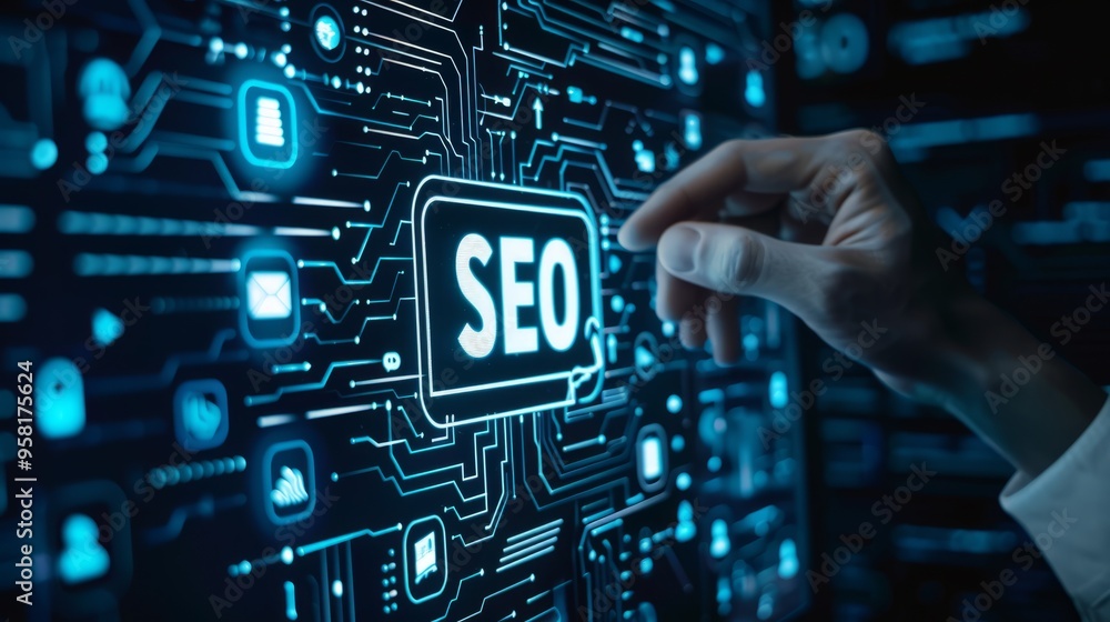 Aufkleber a hand is pointing to a screen with the word seo on it
