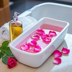 Relaxing spa scene with a bath filled with pink water and rose petals, accompanied by essential oil...