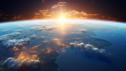 Obraz premium Panoramic view of the planet from space, sunrise against a black starry sky