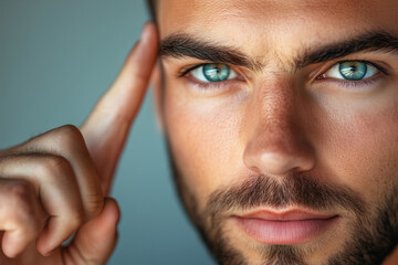 Fototapeta premium Close-up of determined young man with piercing blue eyes and a focused expression