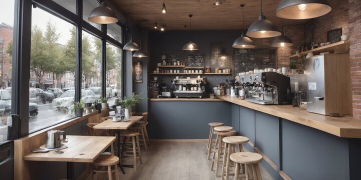 Cozy Coffee Shop Interior with Grey Walls, Large Window, and Cof