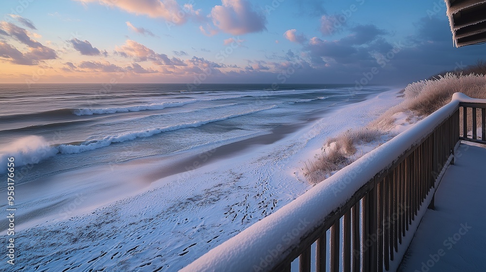 Wall mural winter morning from a coastal balcony, the beach covered in snow and waves gently crashing against t