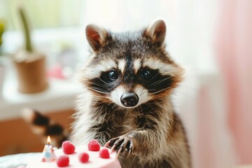 A charming raccoon reaches for a decorated cake adorned with candles and berries, celebrating its special day