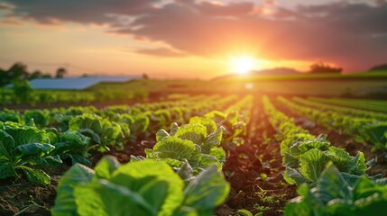 Solar panels in the background of a sunset over green vegetables in an eco-friendly farm, concept photo for renewable energy and healthy food production using solar power technology.