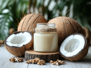 glass jar filled with creamy coconut oil, surrounded by fresh coconuts and lush tropical leaves