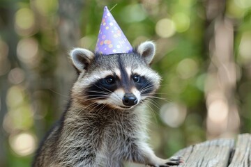 In a lively forest glade, a raccoon wears a colorful birthday hat, exuding charm and playfulness. The soft sunlight filters through the trees, casting a warm glow on this delightful birthday moment.