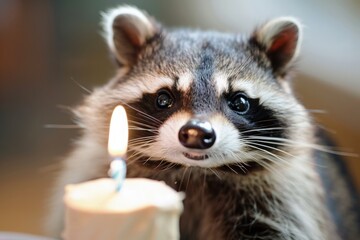 A charming raccoon sits before a flickering candle atop a cake, surrounded by a warm atmosphere. The celebration is filled with joy, making this birthday moment truly special for everyone involved.