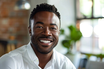 Obraz premium Smiling African American man wearing white shirt