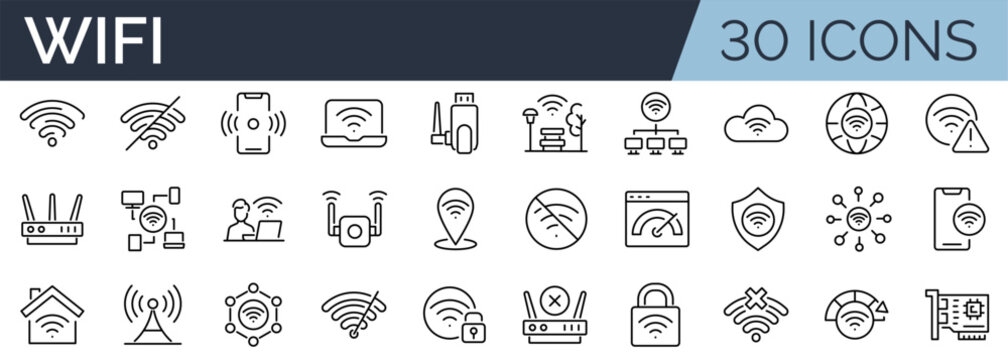 Set of 30 outline icons related to wifi. Linear icon collection. Editable stroke. Vector illustration
