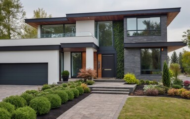Fototapeta premium Modern two-story house with landscaped yard, balcony, brick driv