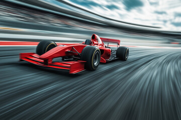 Red Formula 1 Race Car in Full Speed on Track, Dynamic Motion