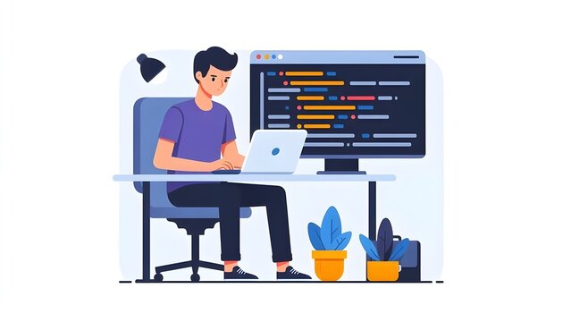 Flat vector illustration of a programmer coding on laptop 