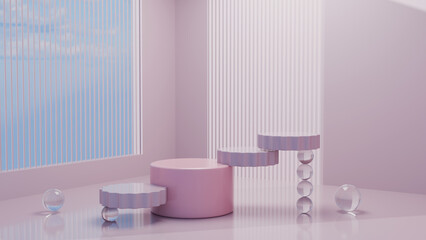 Pink podium geometric platform with window 3d render stand for cosmetic presentation. Abstract elements