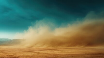 Vast desert evolving from clear blue sky to sandstorm engulfing the horizon creating a stark contrast