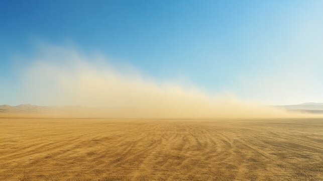 Vast desert evolving from clear blue sky to sandstorm engulfing the horizon creating a stark contrast