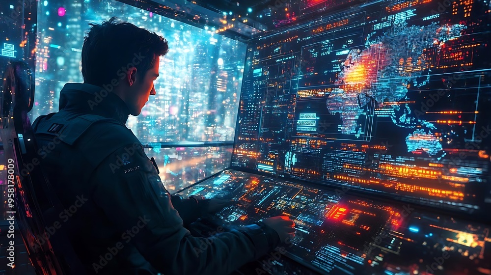 Poster cyberpunk cityscape: man working at computer with global data display illustration