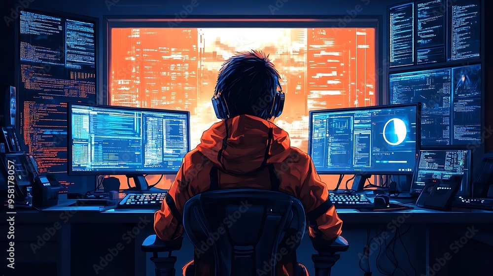 Poster hacker in a dark room with multiple monitors illustration