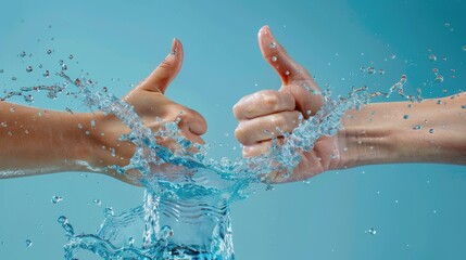 Two hands doing thumbs up made of water splash, with a blue colored background, in a high resolution photograph