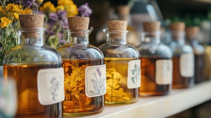 Herbal tinctures in glass bottles with hand-drawn labels cozy apothecary setting holistic health