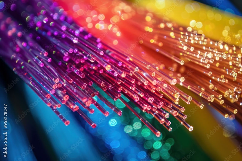 Poster fiber optic cables transmitting data with colorful bokeh effect