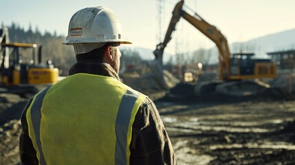 A construction engineer evaluates site progress with cranes and excavators, focusing on engineering skills in a dynamic field setting
