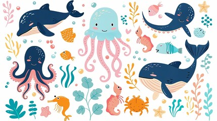 A Whimsical Collection of Colorful Sea Creatures and Plants