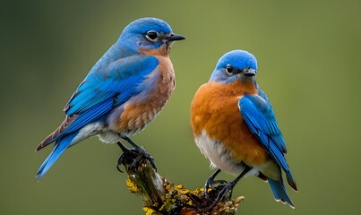 Fototapeta premium Two male bluebirds on perch. 