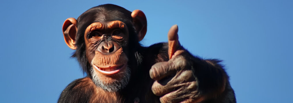 A chimpanzee is pointing at the camera with his hand, smiling and looking directly into your eyes. Chimp monkey businessman giving thumbs up. Animal in human body, entrepreneur