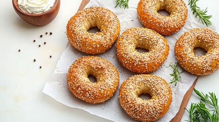Freshly baked bagel with Sesame seed isolated on white background,Everything bagels topped with cream cheese,New York style bagels for breakfast,Homemade freshly baked bagels,space for text.