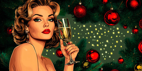  Elegant pop art illustration of a woman holding a champagne glass with a festive Christmas tree in the background. Ideal for holiday campaigns, luxury brands, or New Year’s Eve celebrations.