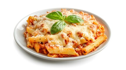 Delicious baked rigatoni with basil and melted cheese on white plate