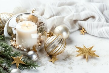 Christmas composition with gift boxes, card balls fir branches pine cones with copy space. Christmas